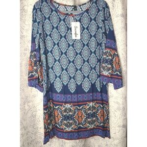 NWT Boutique Shift Dress Womens Medium Blue Boho Paisley Bell Sleeve Viscose